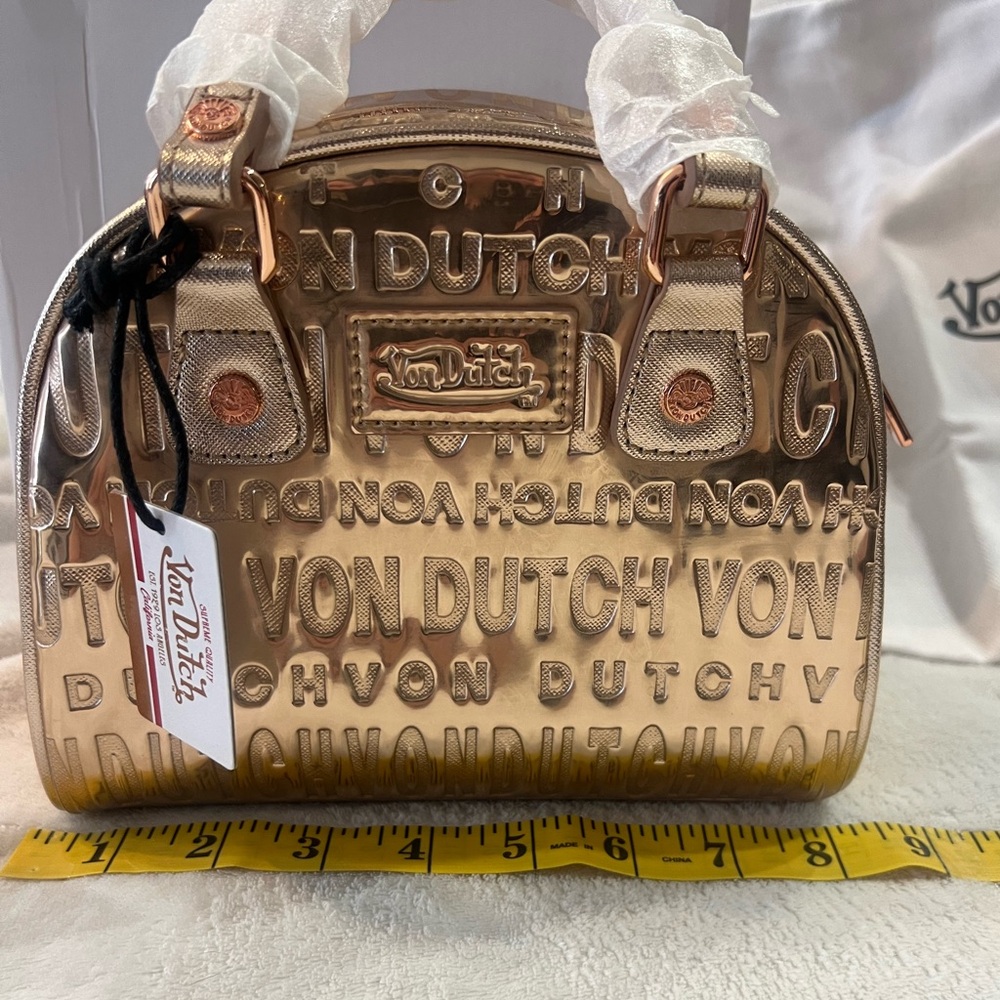 VON DUTCH ROSE GOLD REFLECTIVE BOWLING BAG w/ box, dusk bag, and crossbody strap - Picture 7 of 8